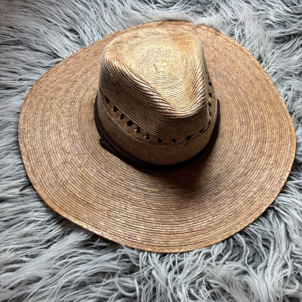 Striped Palm Straw Wide Brim Fedora Sun Western‎ Hat Drawstring